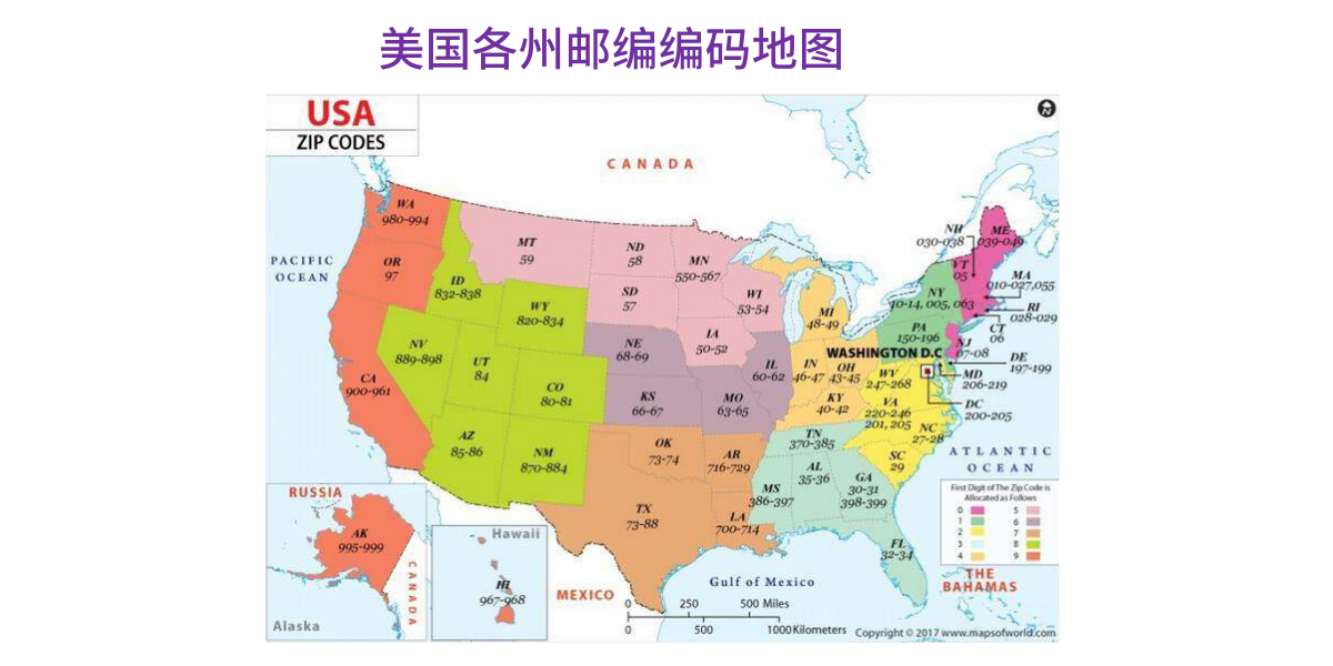 美国各州邮政编码地图